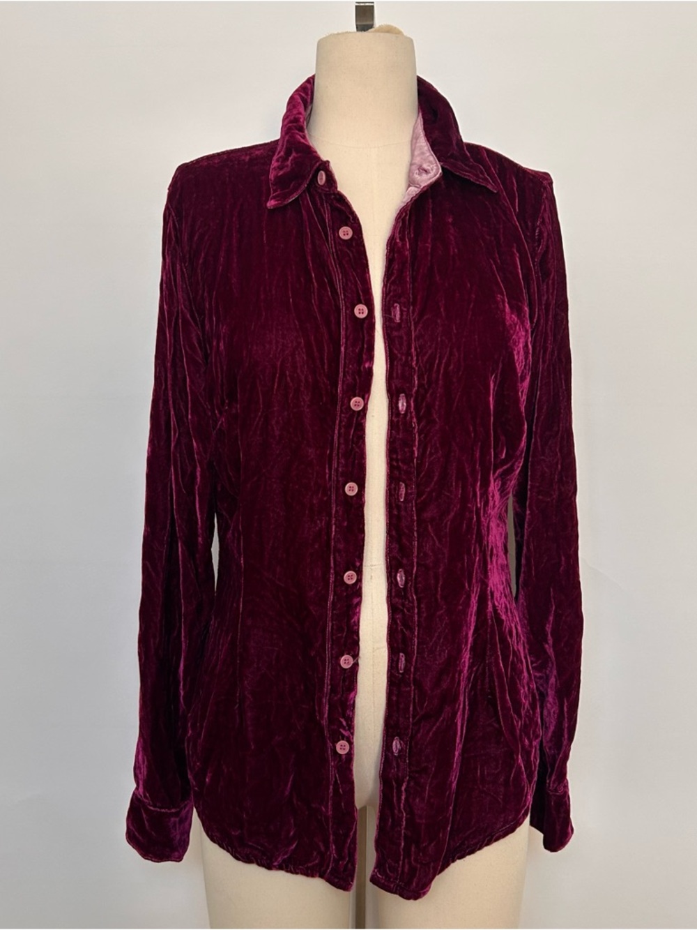 Velvet Button-Down Shirt in Deep Berry